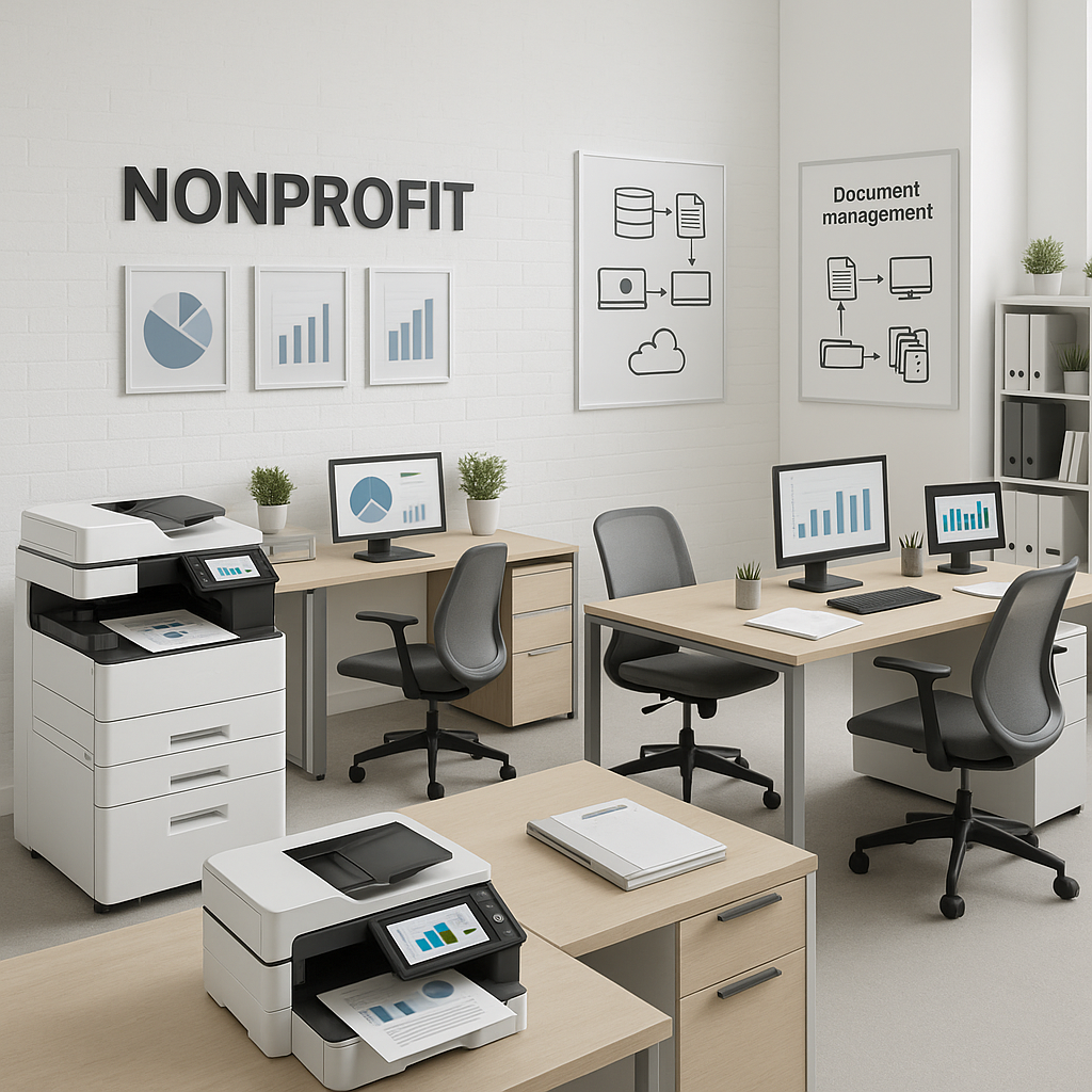 A modern nonprofit office workspace featuring orga